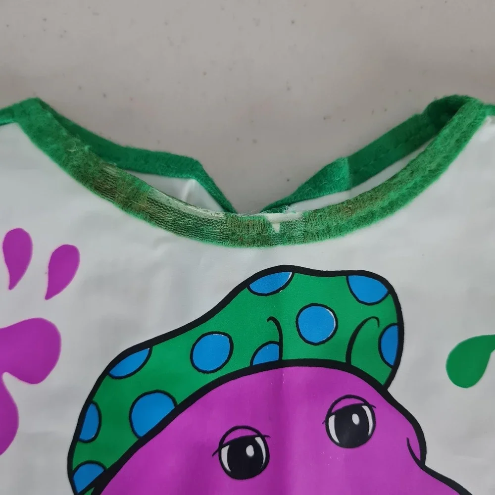 Vintage Barney Art Smock Bib Kids One Size Paint Apron Pocket Colorful 90s